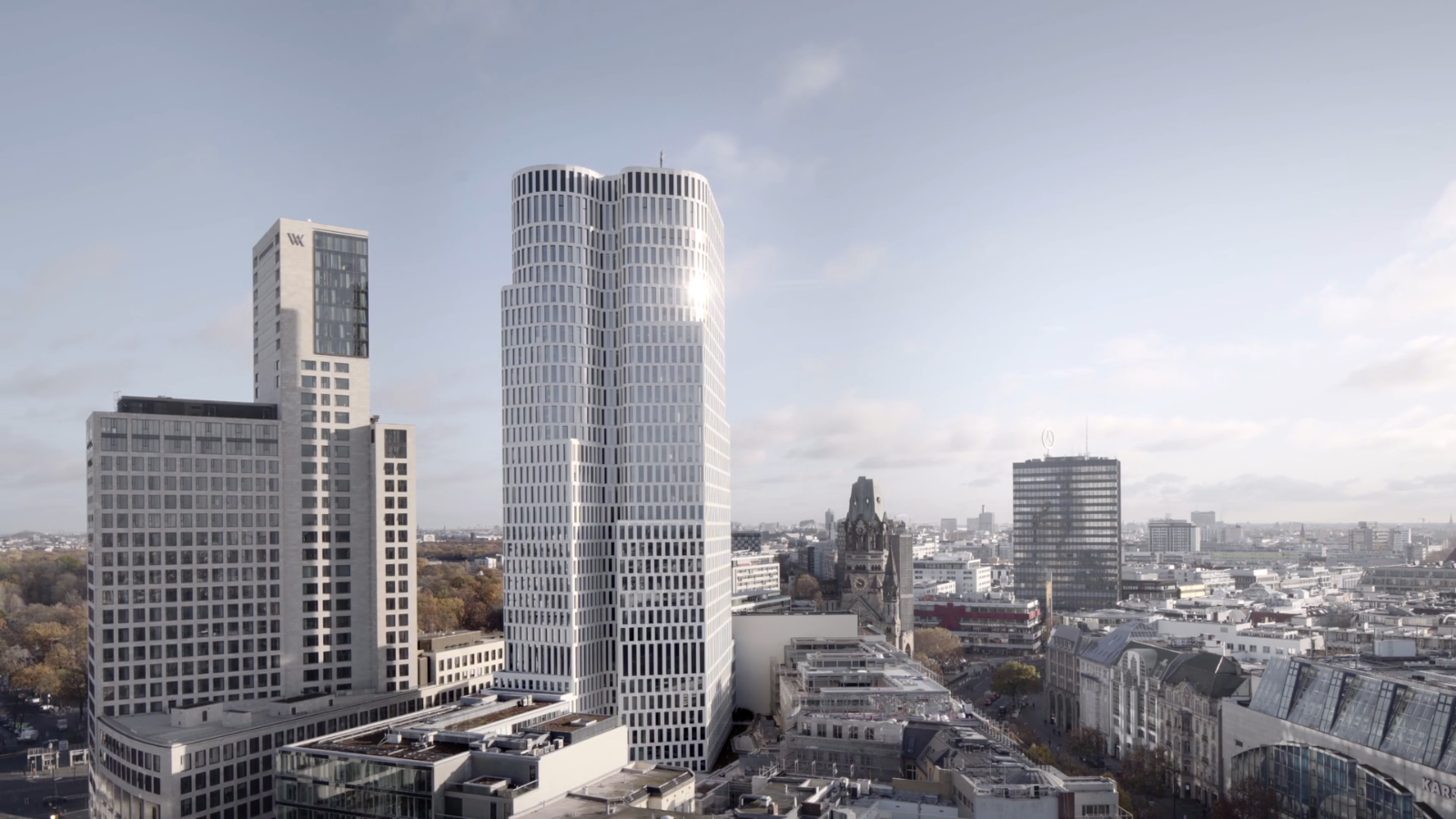 Upper West tower in the Berlin skyline at golden hour